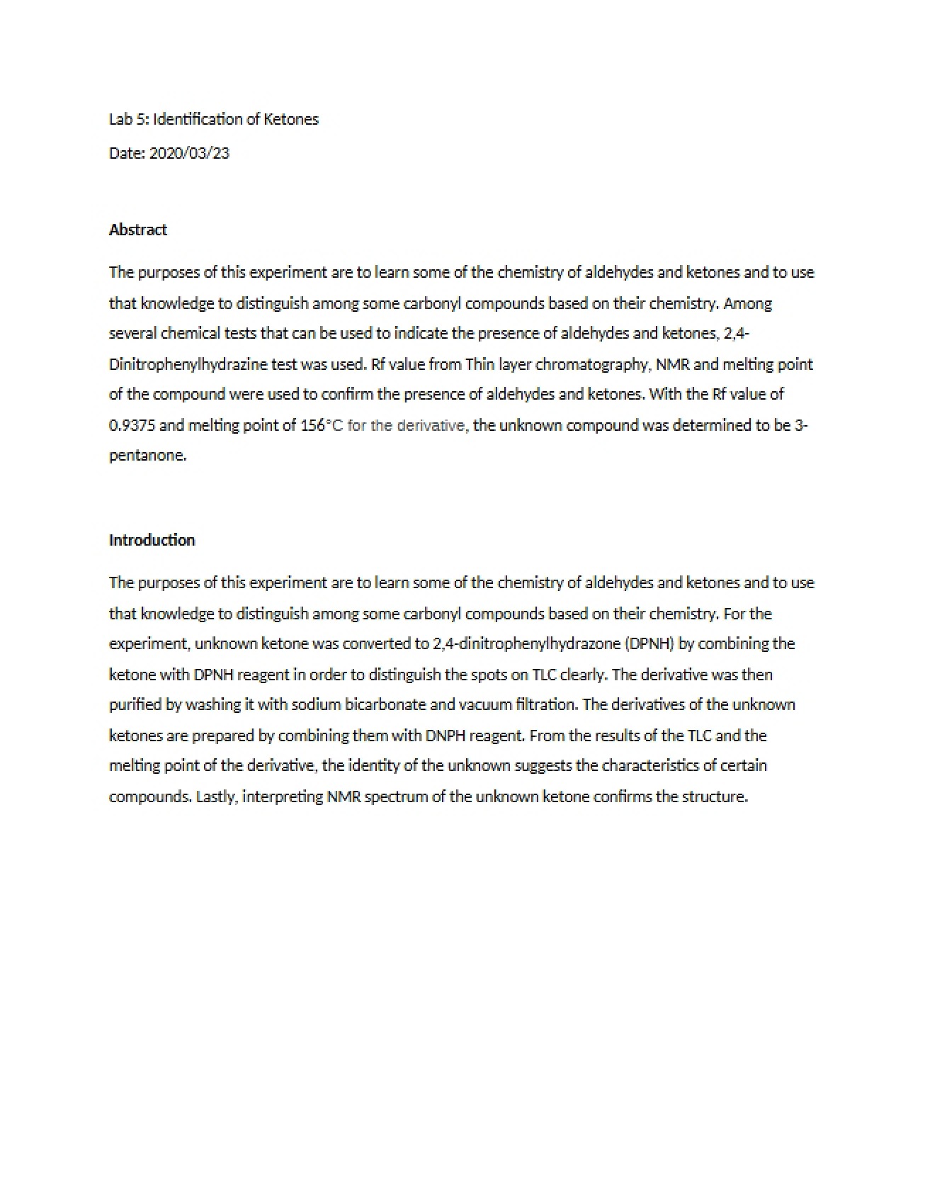 Identifying Ketones Lab Five