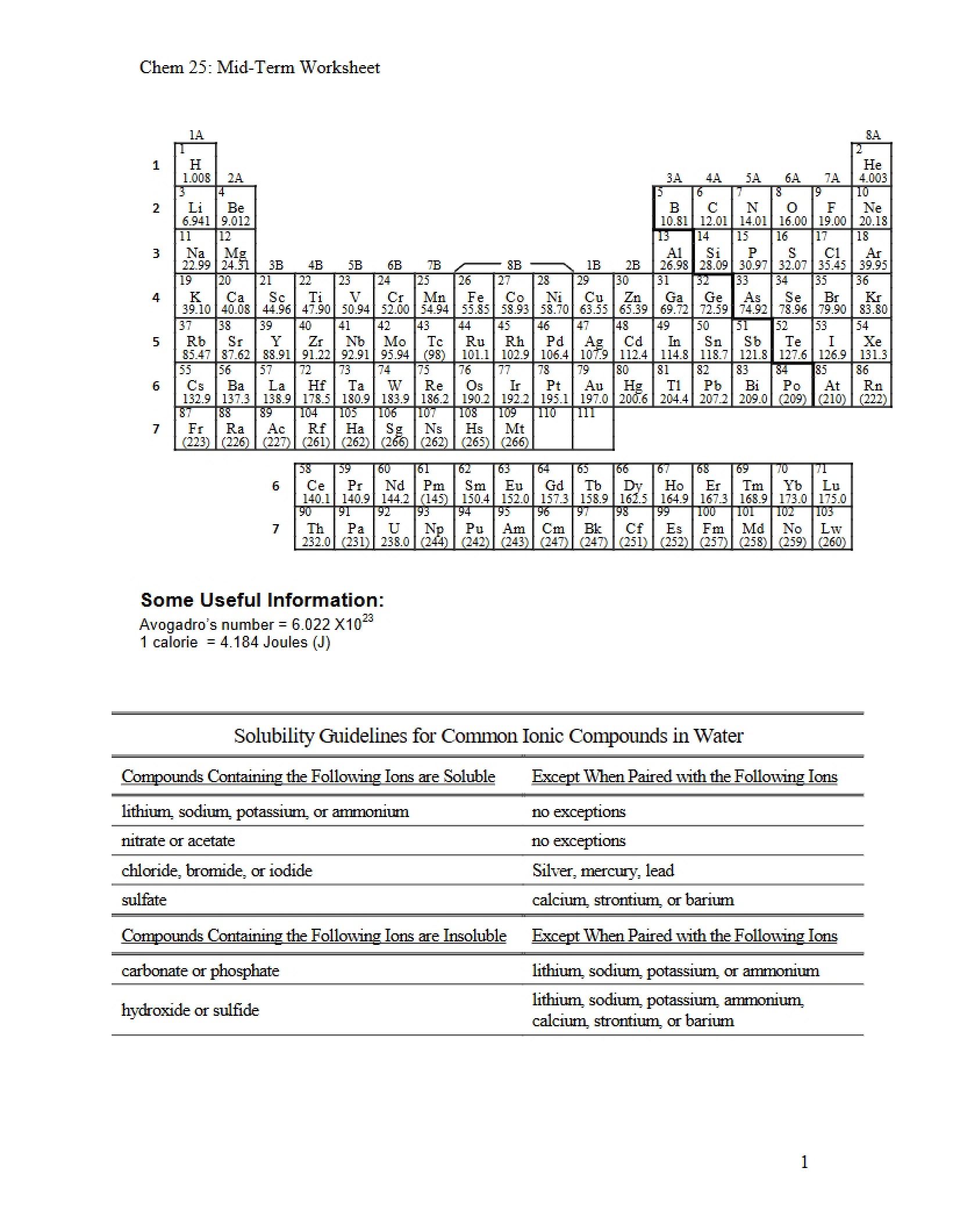 Worksheet for Midterm