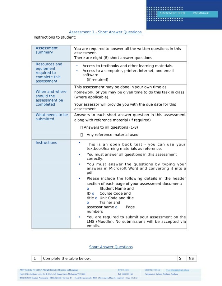 Short Answer Questions for Assessment 1
