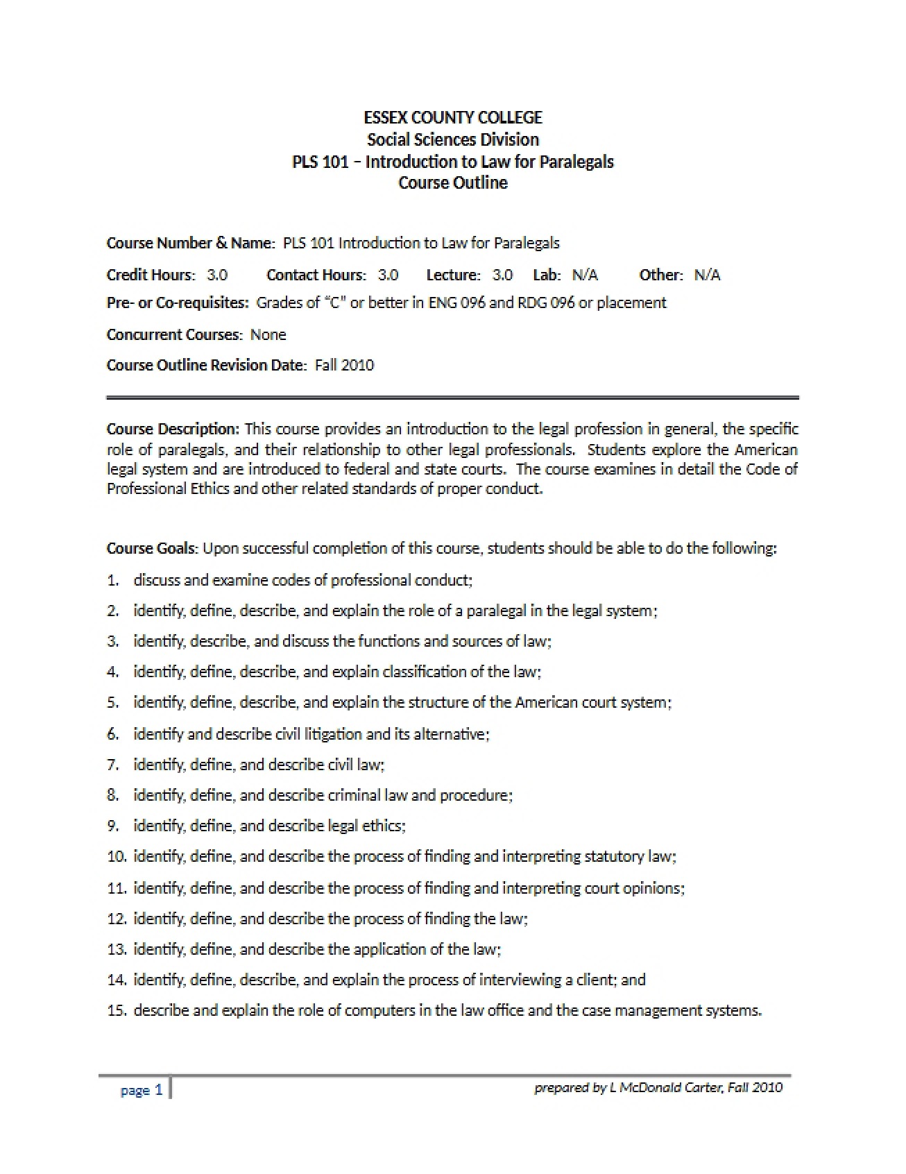 Intro to Law for Paralegals Syllabus