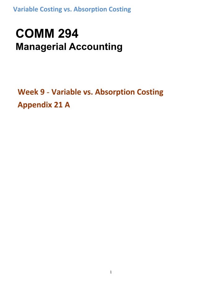 Week 9 - Absorption and Variable Costing