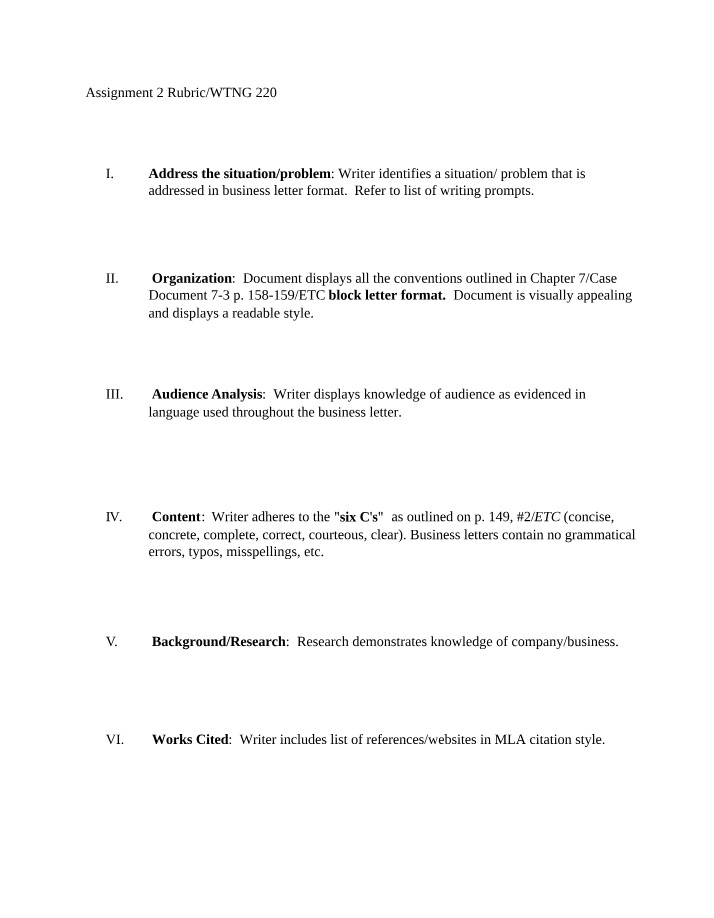 Assignment 2 - Business Letter Rubric