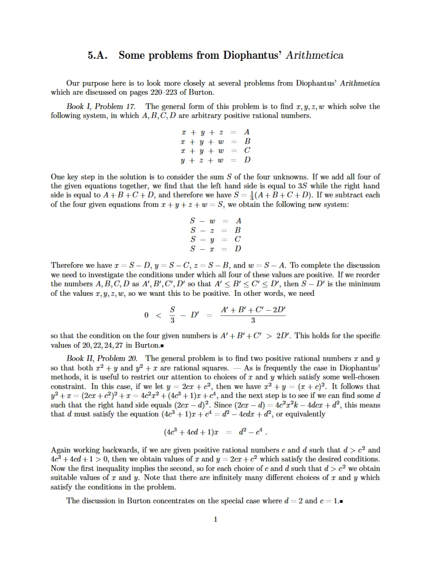 Diophantus Arithmetica Selected Problems