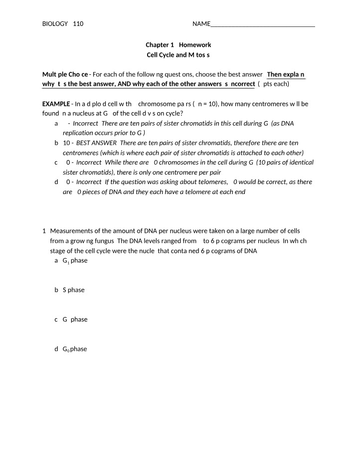 Cell Cycle and Mitosis - Chapter 12 Homework