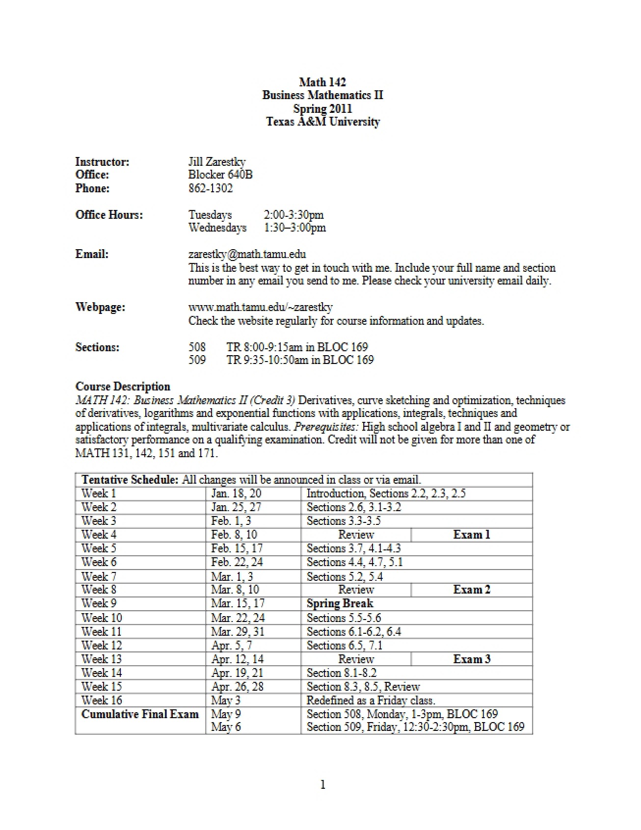 Zarestky's Introduction to Math 142 (Spring 2011)