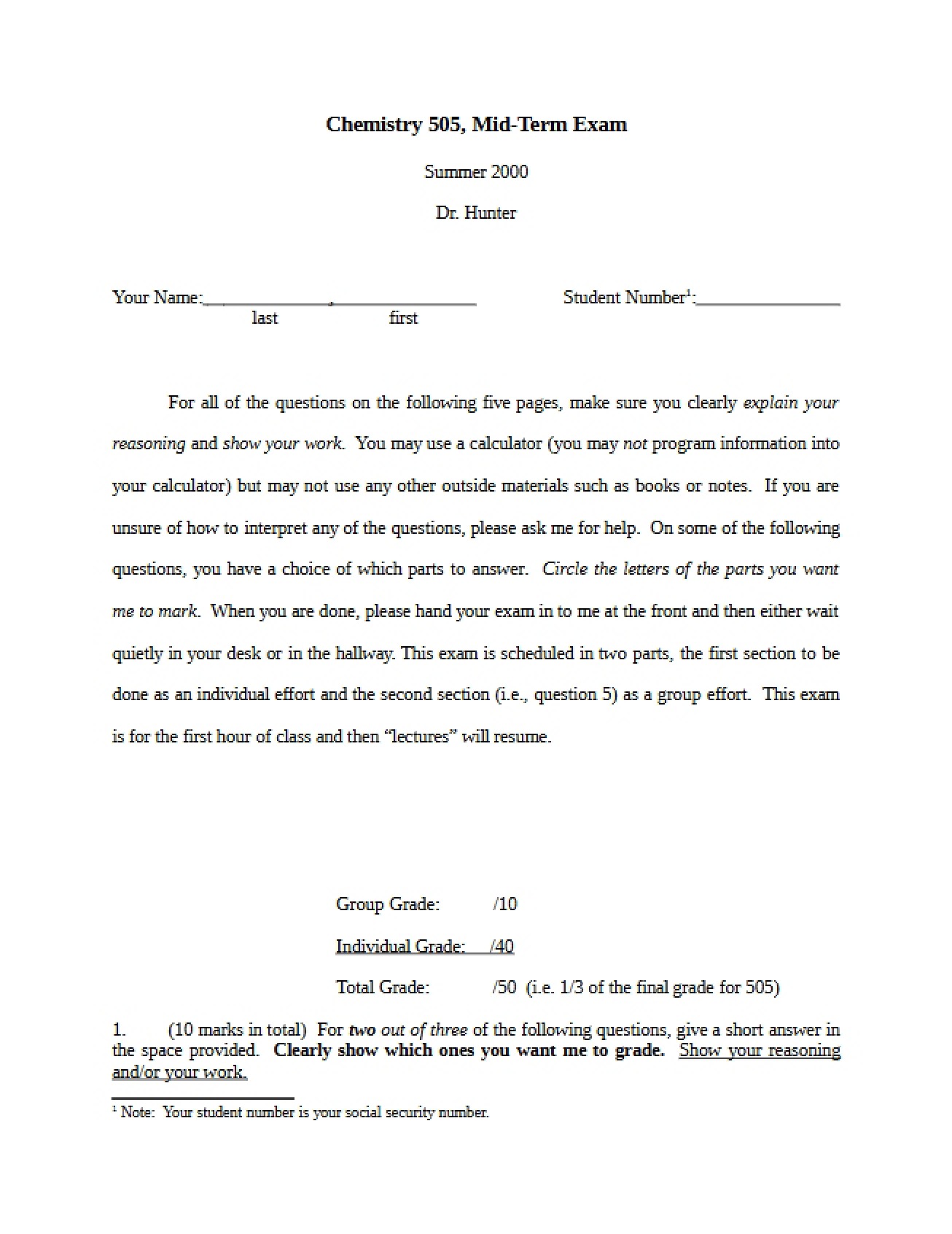 Mid-Term Exam Chemistry 505