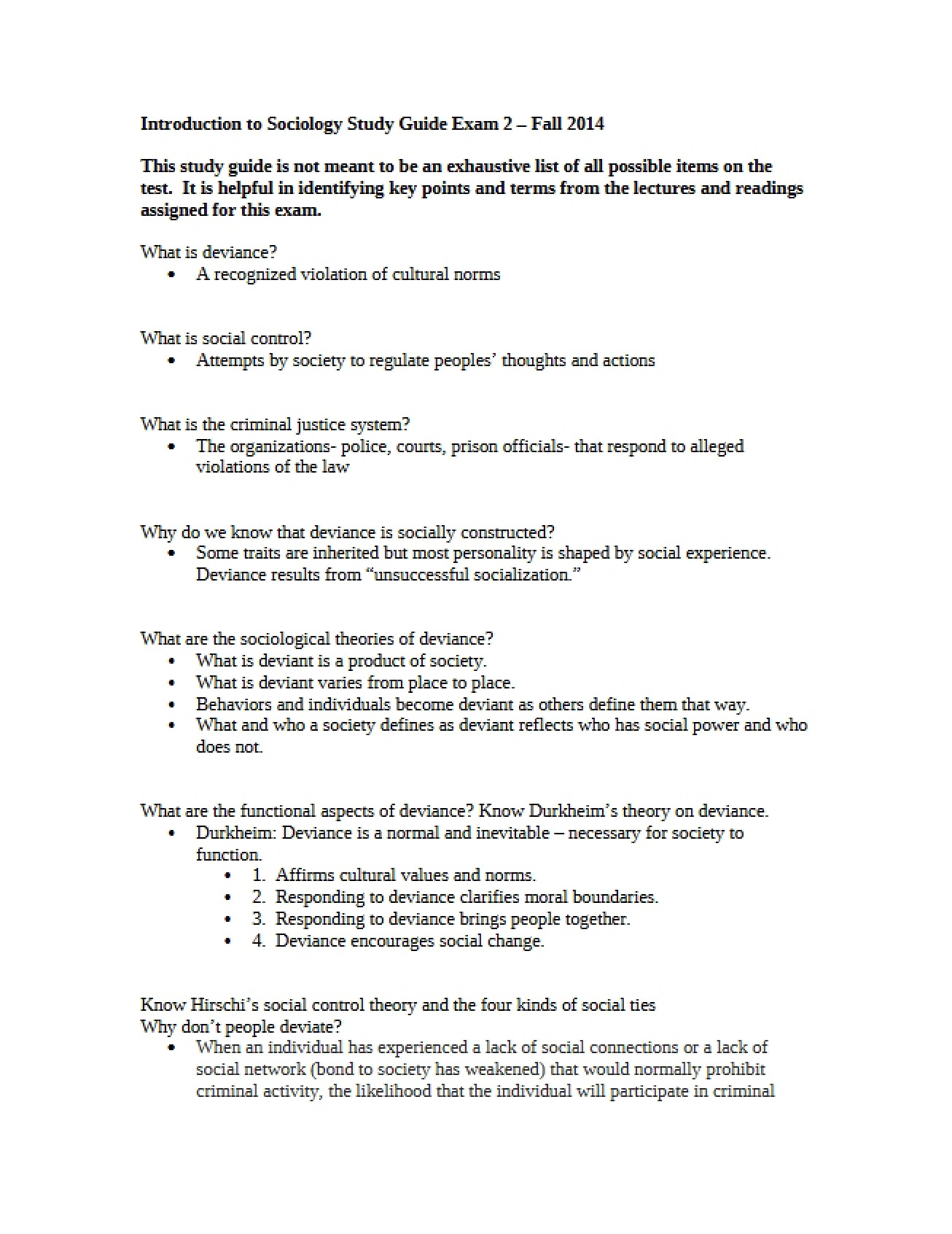 Exam 2 Study Guide for Intro Sociology