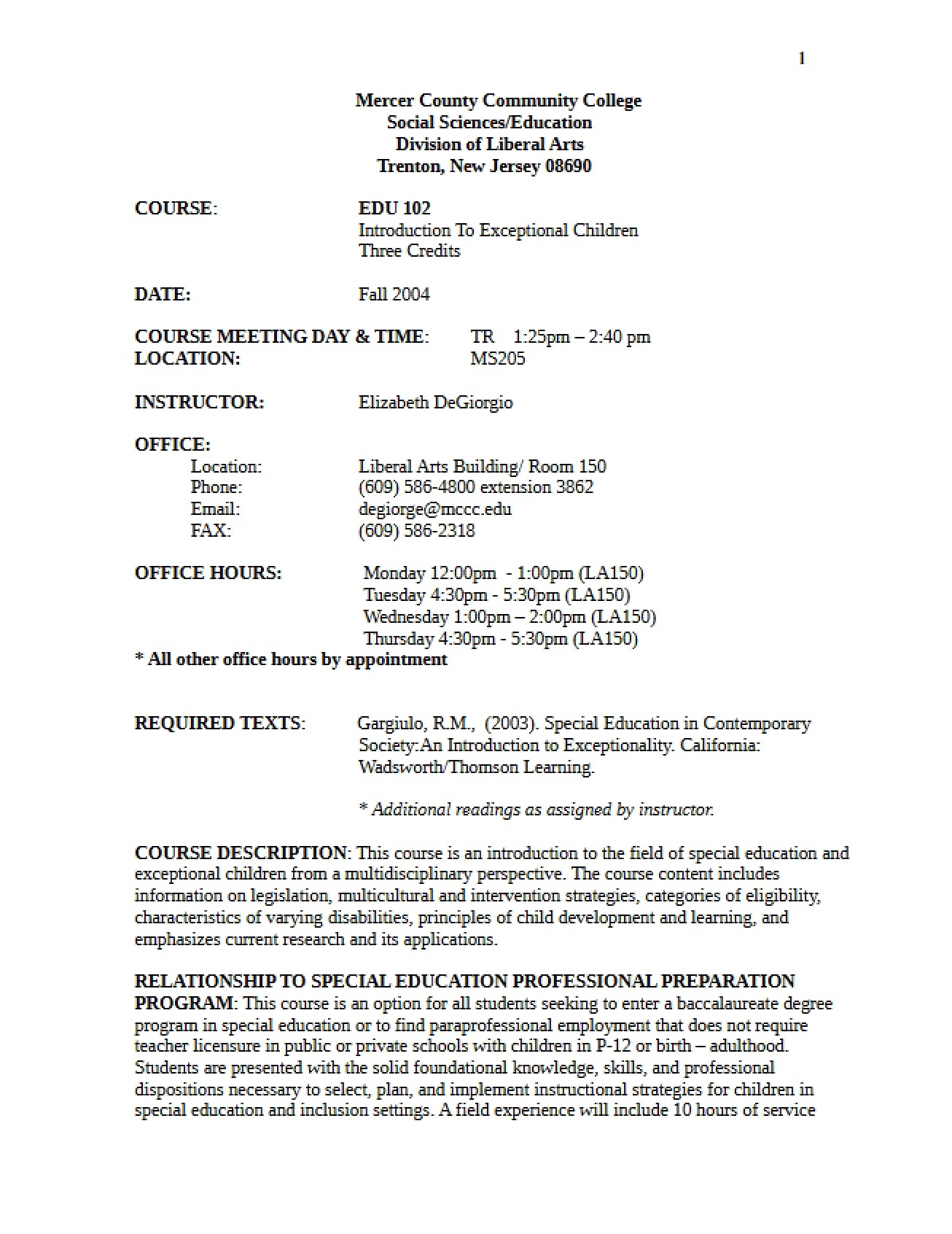 Exceptional Children Introduction Syllabus