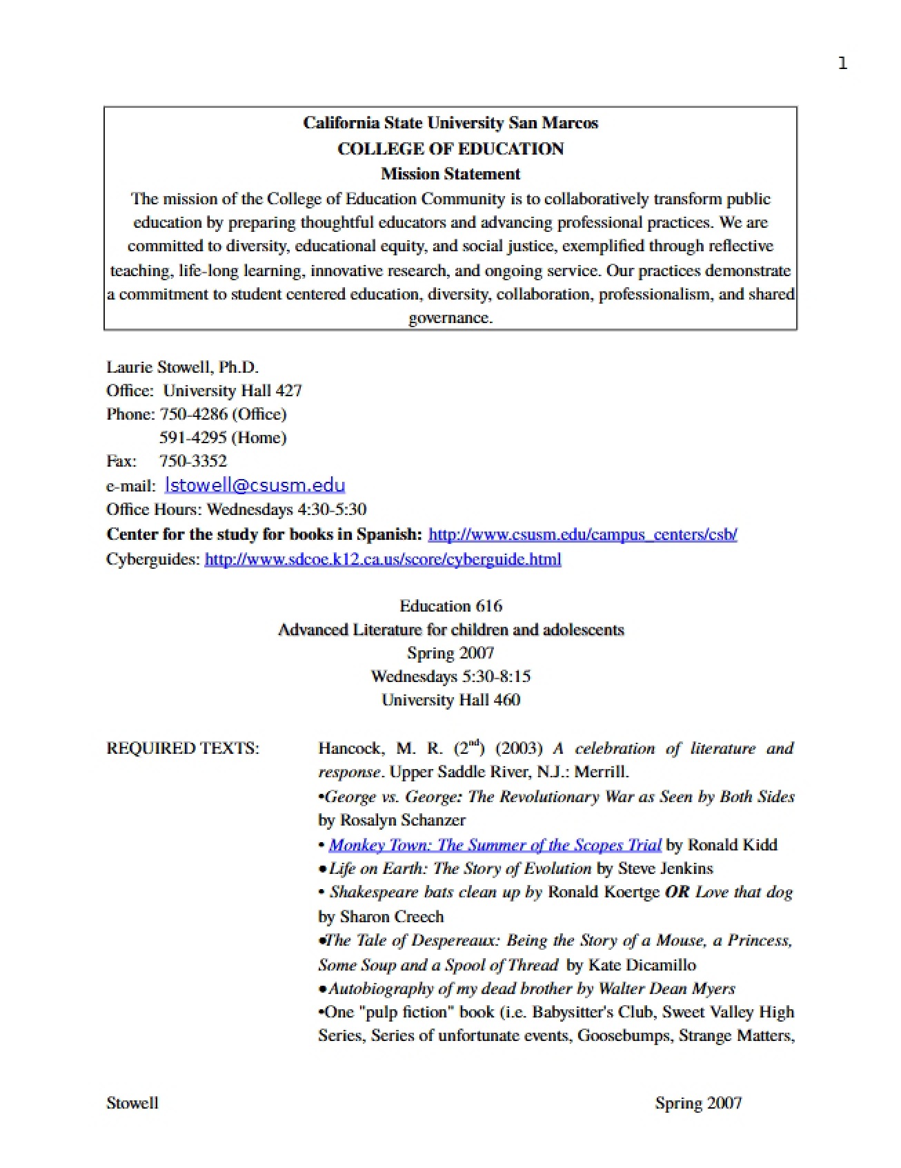 Stowell's Syllabus for Advanced Children's Literature