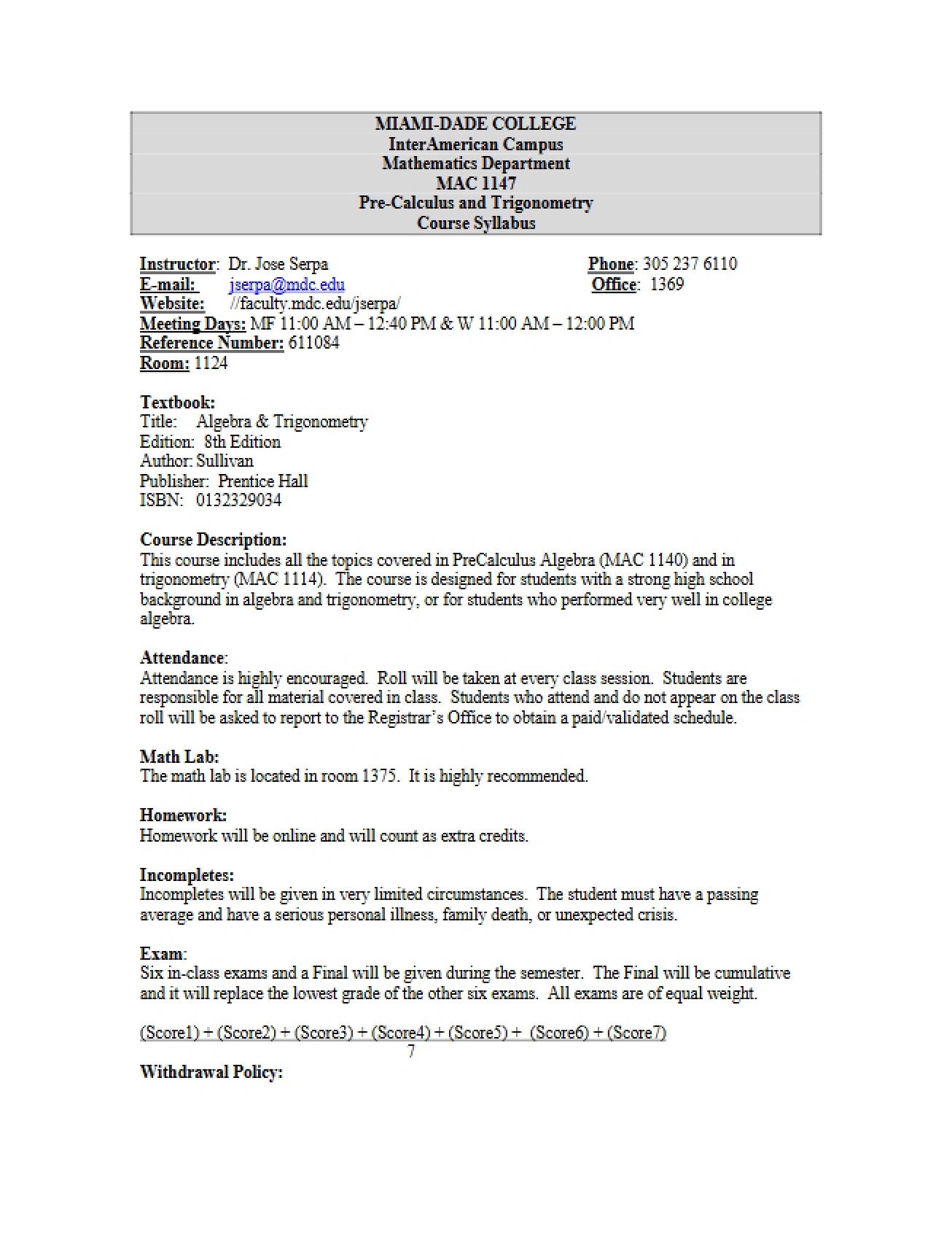 Pre-Calculus Algebra and Trigonometry Syllabus - 5 Pages
