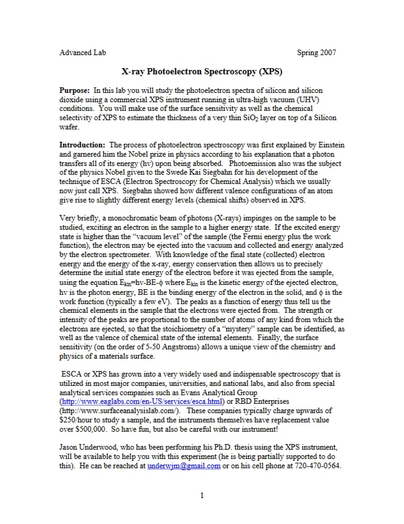 X-ray Photoelectron Spectroscopy (XPS) (Topic 1)