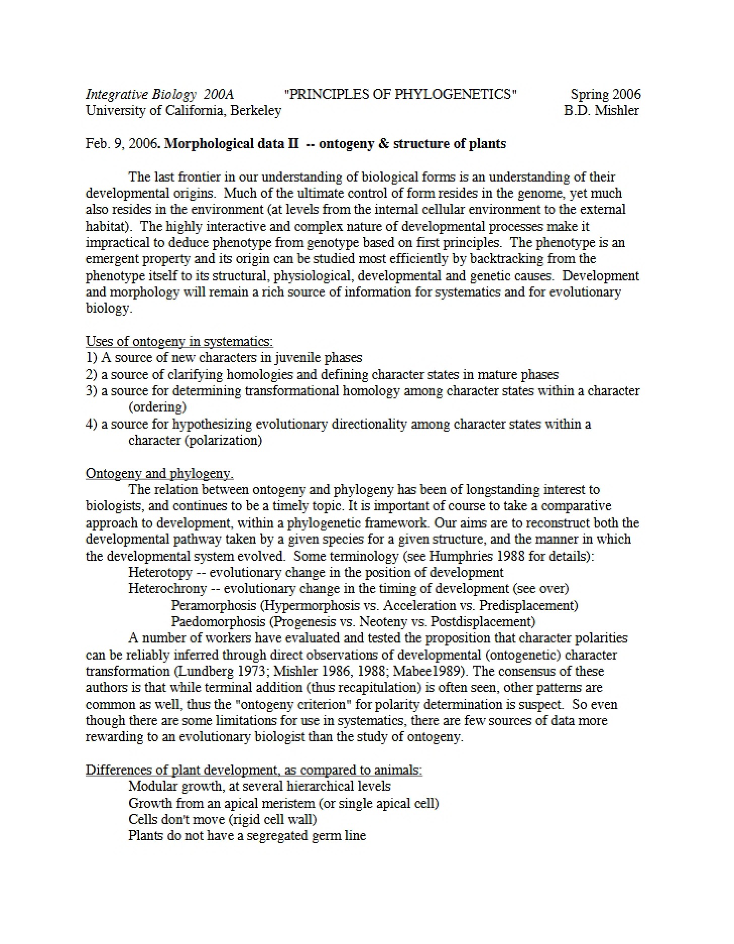 Plant Structure and Ontogeny Morphological Data Two