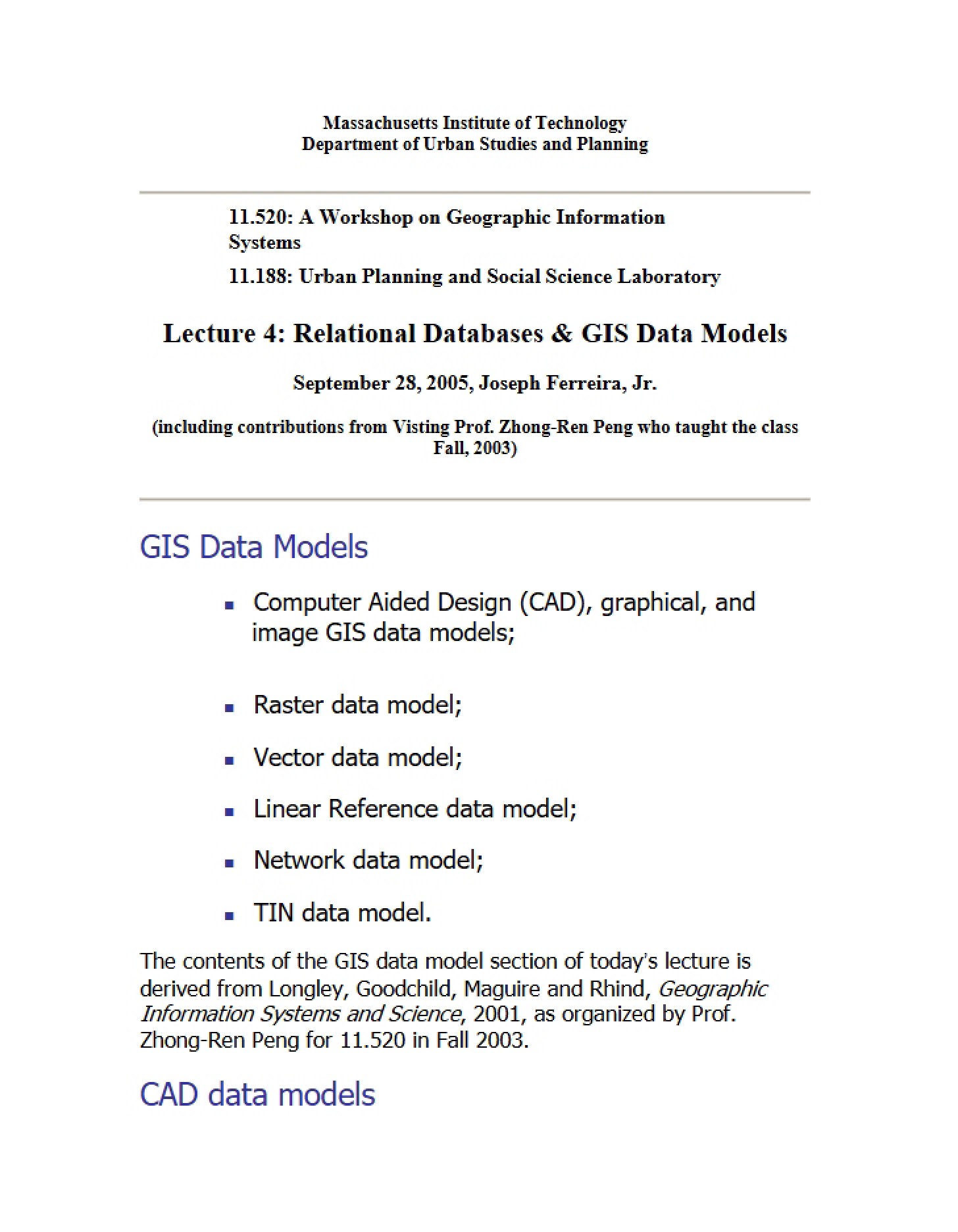 GIS Data Models and Relational Databases