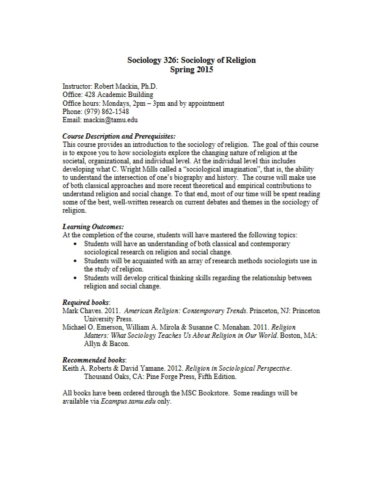 Sociology of Religion Syllabus