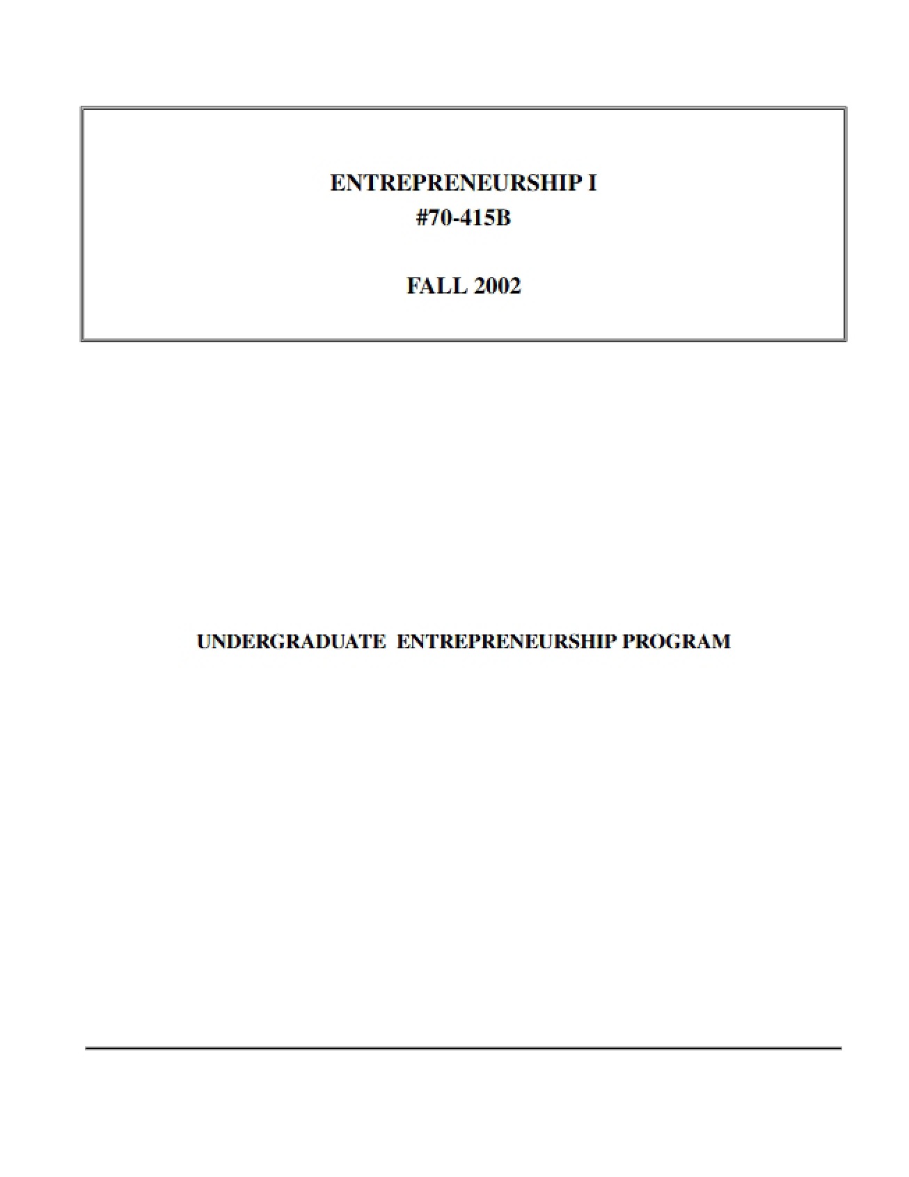 Introduction to Entrepreneurship Course Syllabus