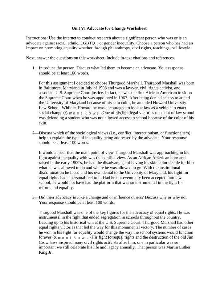 Worksheet - Thurgood Marshall as an Advocate Against Inequality