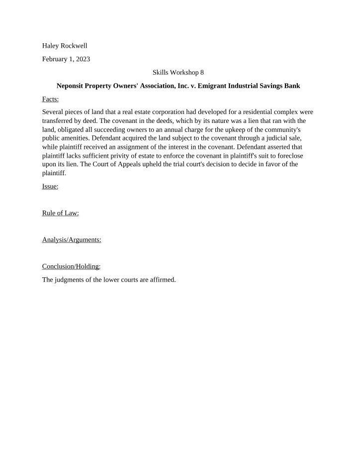 Workshop 8 - Neponsit Property Owners' Association v. Emigrant Industrial Savings Bank