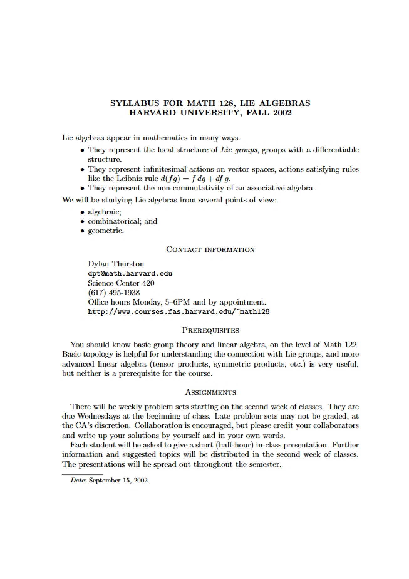 Lie Algebras Course Syllabus