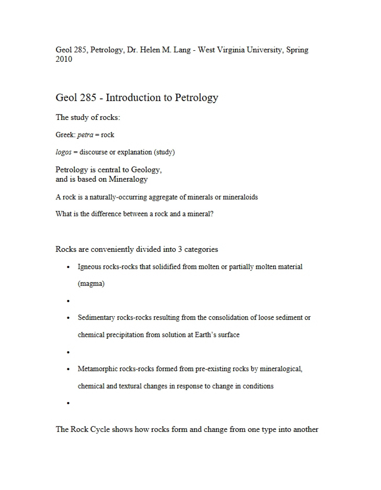 Petrology Course Introduction