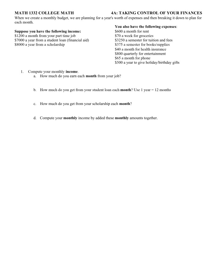 Monthly Finances - Budgeting and Calculations