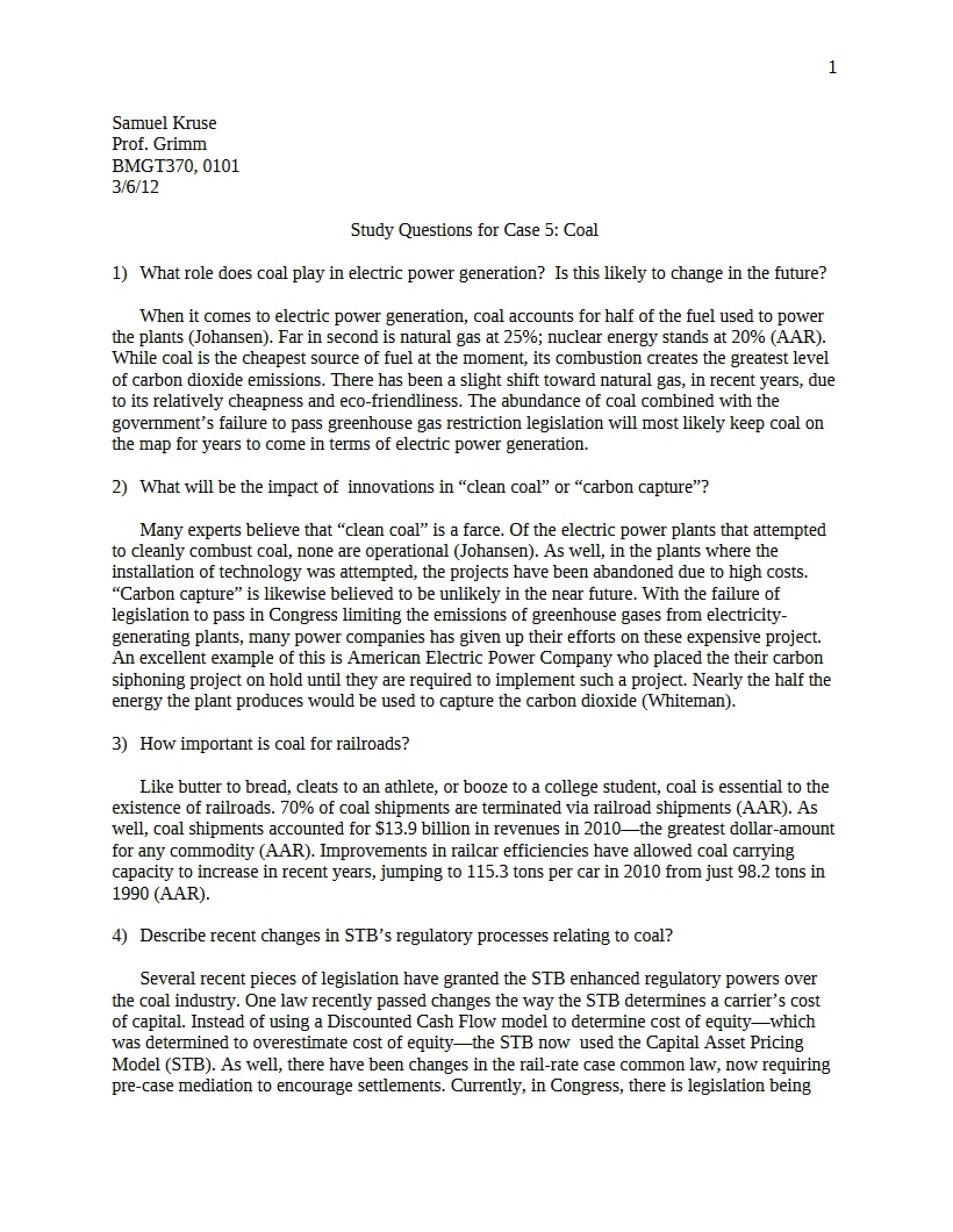 Case 5 Study Questions Coal