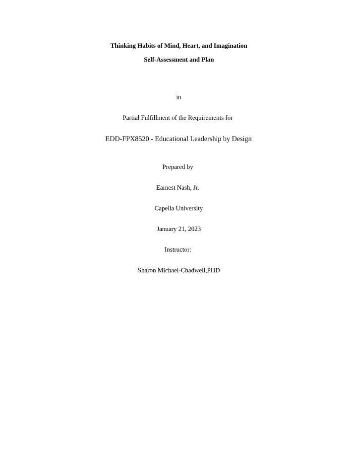 Thinking Habits of Mind Heart and Imagination Self-Assessment Plan C