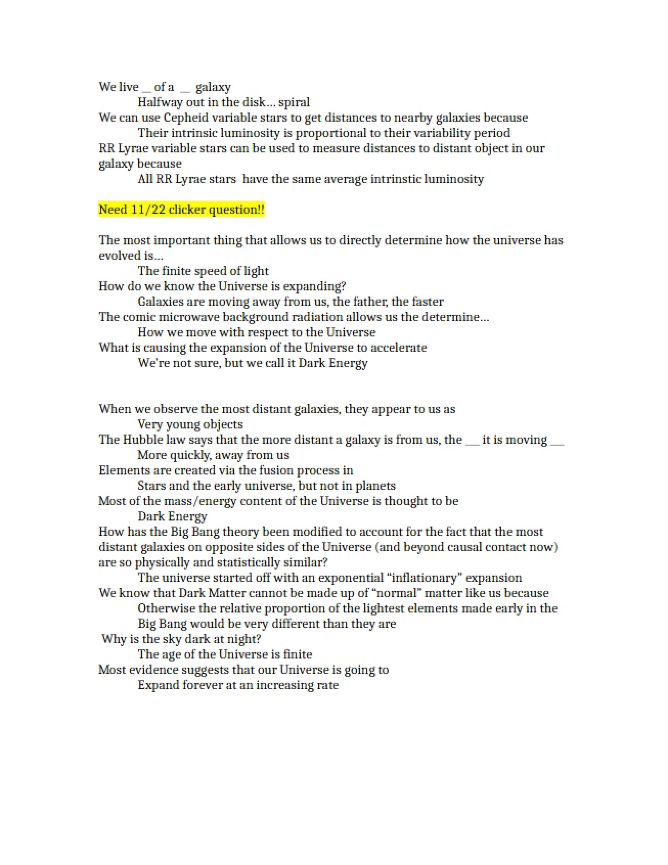 Notes for Astronomy Exam 4