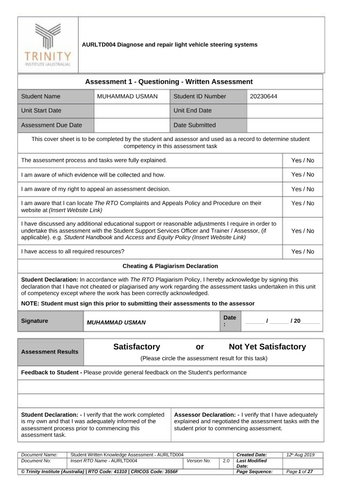 Written Assessment A - Diagnose and Repair Light Vehicle Steering Systems