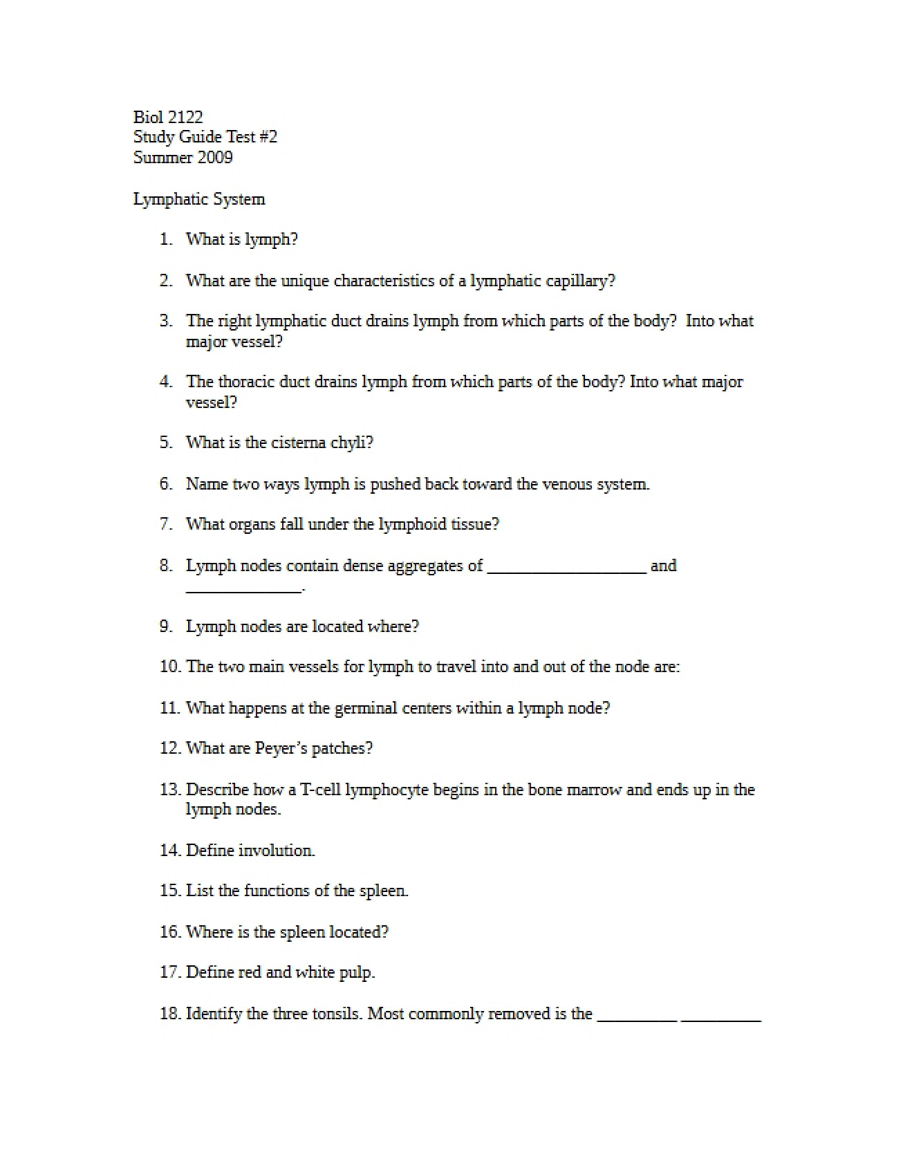 Anatomy and Physiology II Study Guide