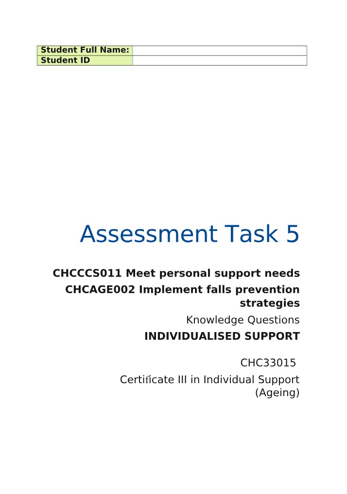 CHC33015 Individualised Support V4.0 - Assessment Task 5