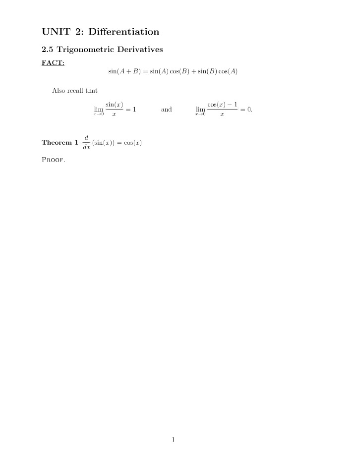 Trigonometric Derivatives - Unit 2 Differentiation