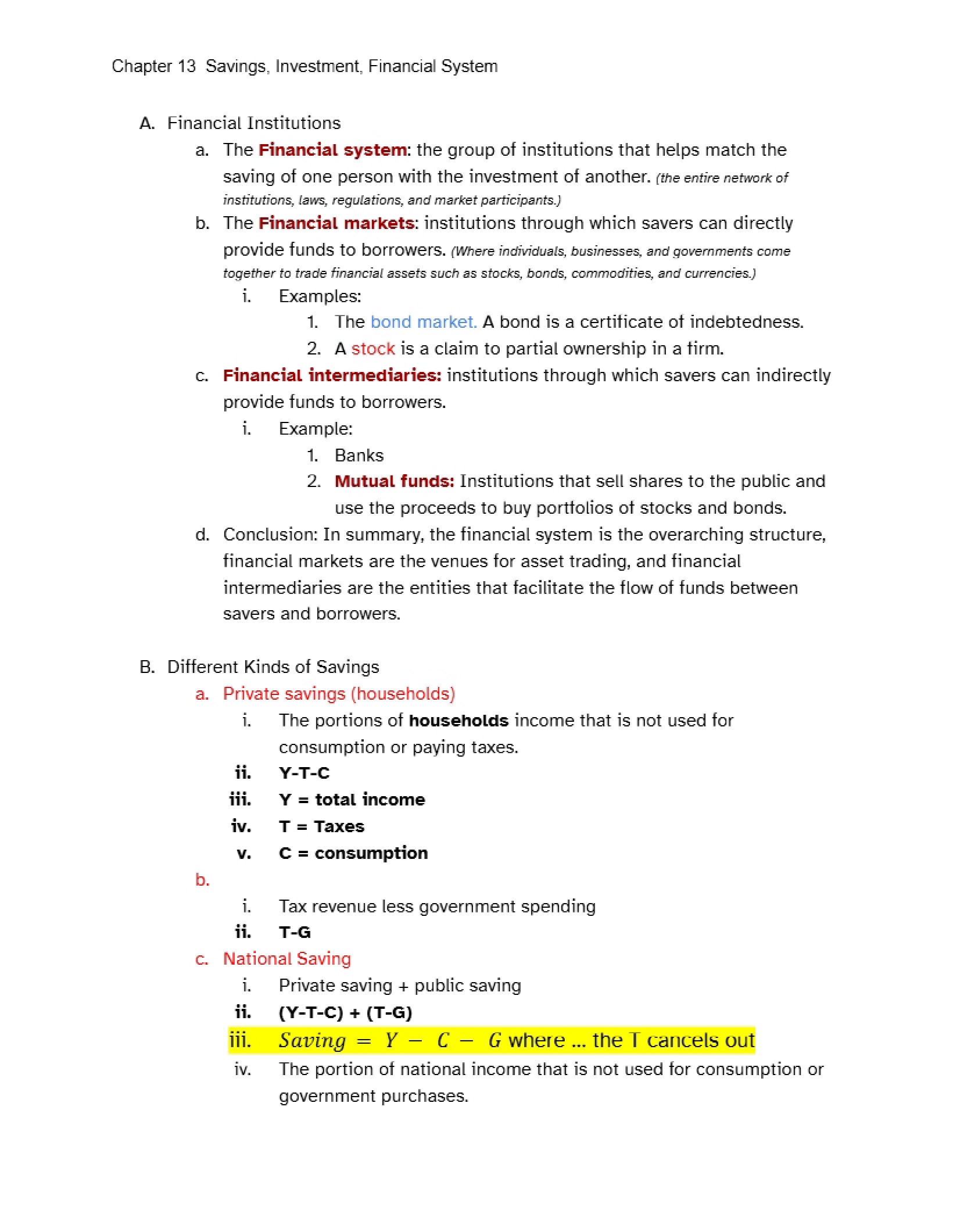 Financial System, Investment, and Savings (Ch 13)