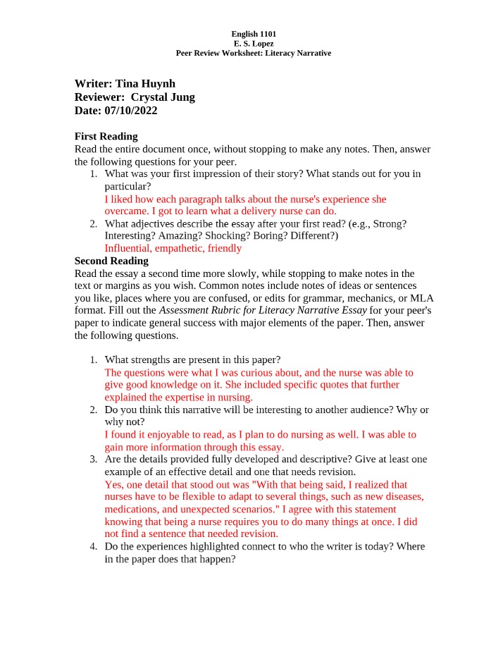 Peer Review Worksheet for Literacy Narrative
