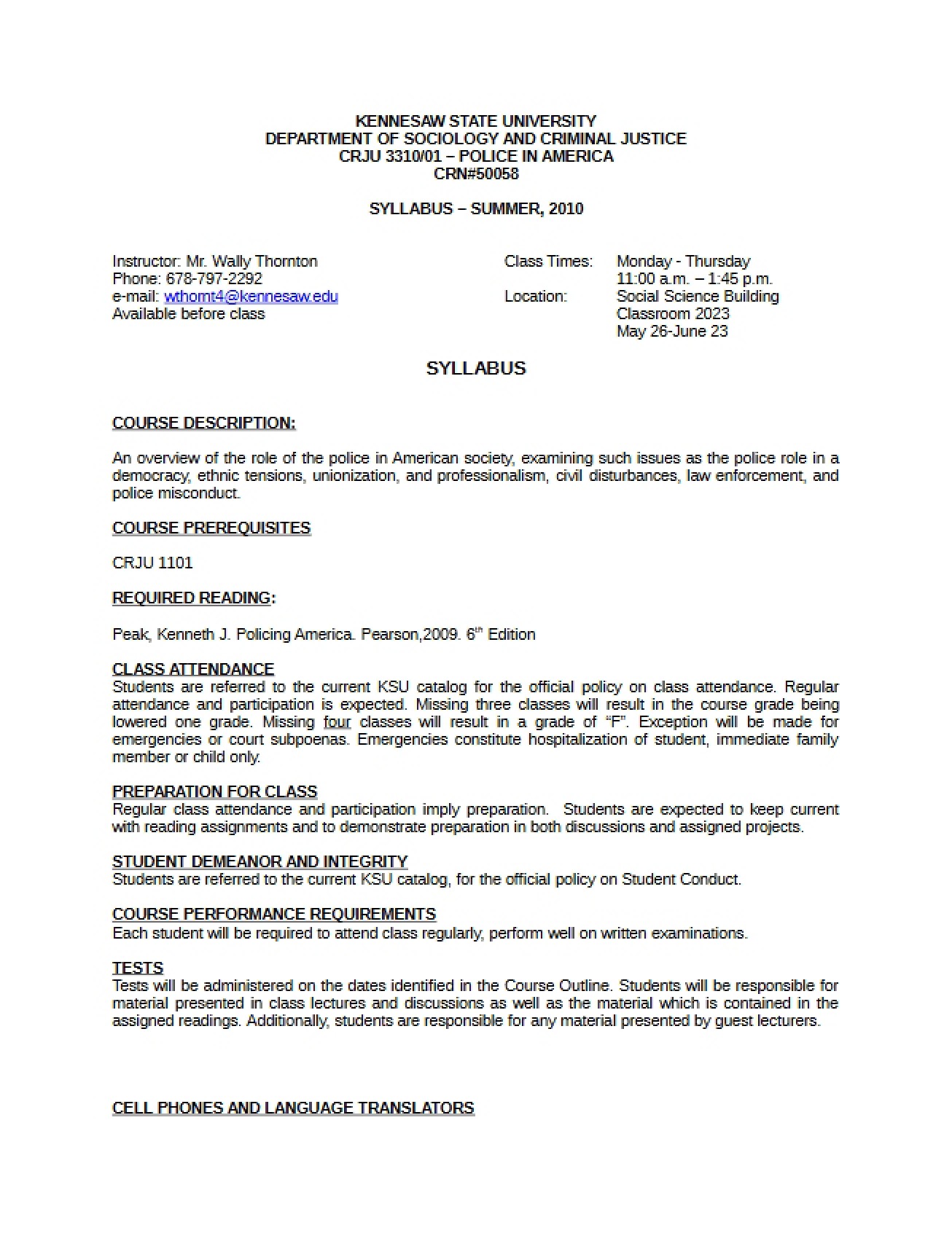 General Syllabus for a Police in America Course