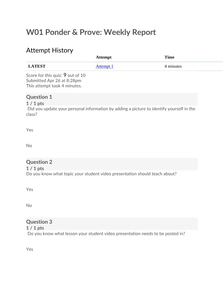 Weekly Report - Quiz Results and Study Progress