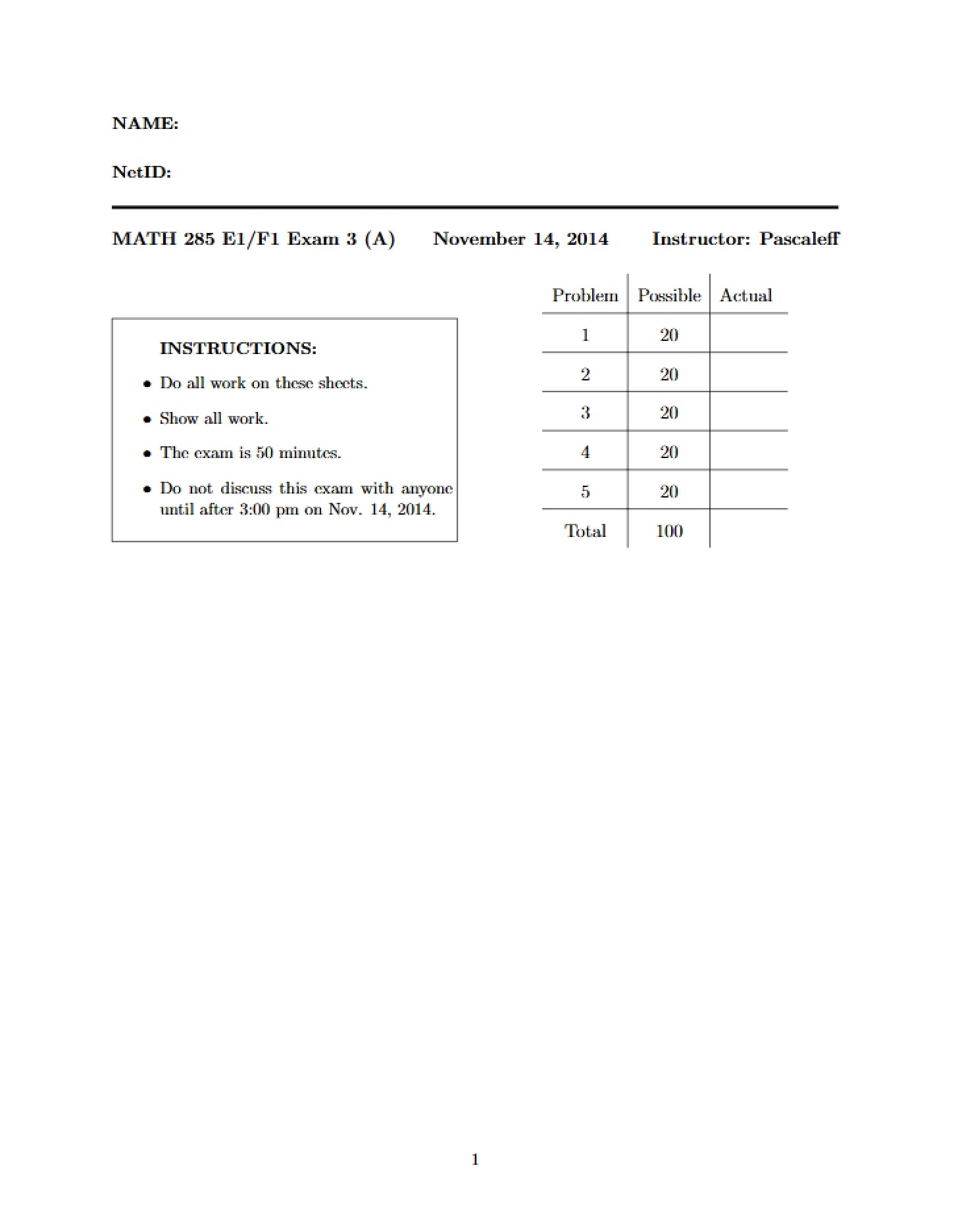 Exam 3 (Version A)