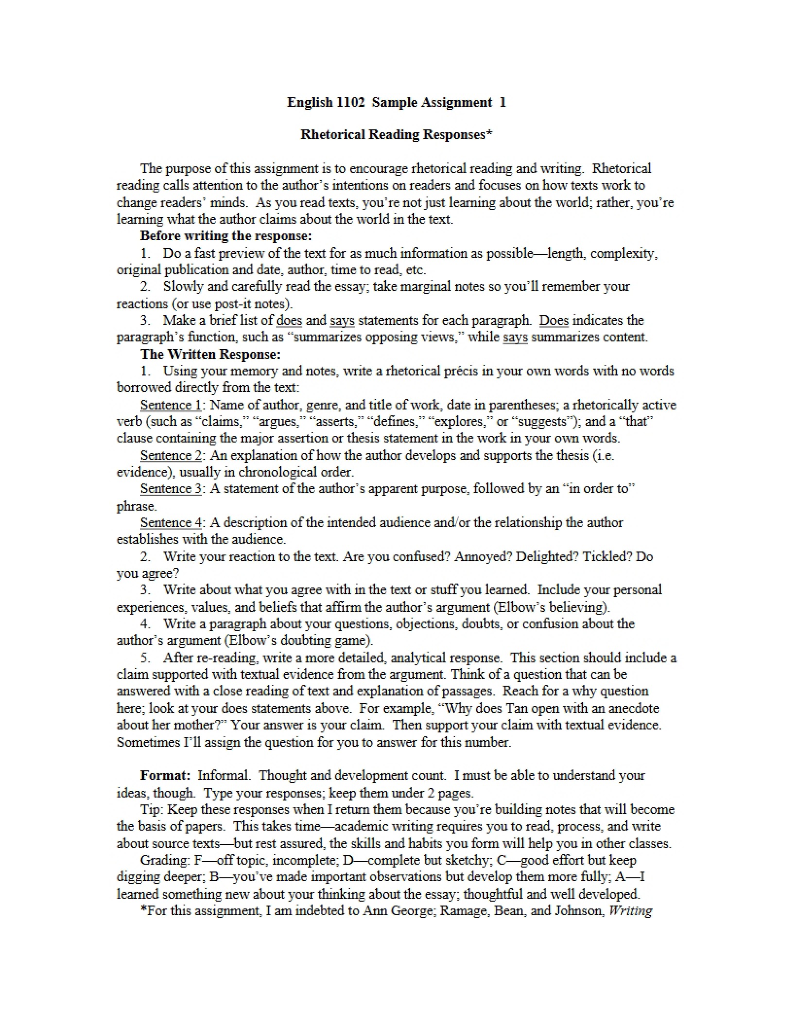 Sample Assignments for English 1102