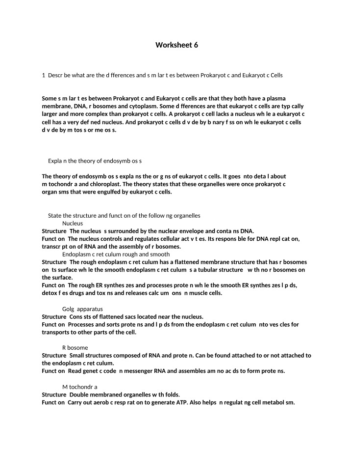 Worksheet on Prokaryotic and Eukaryotic Cells