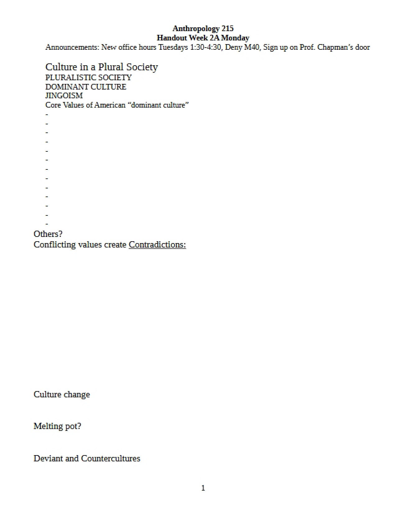 Dominant Culture Handout Week 2A (Winter 2013)