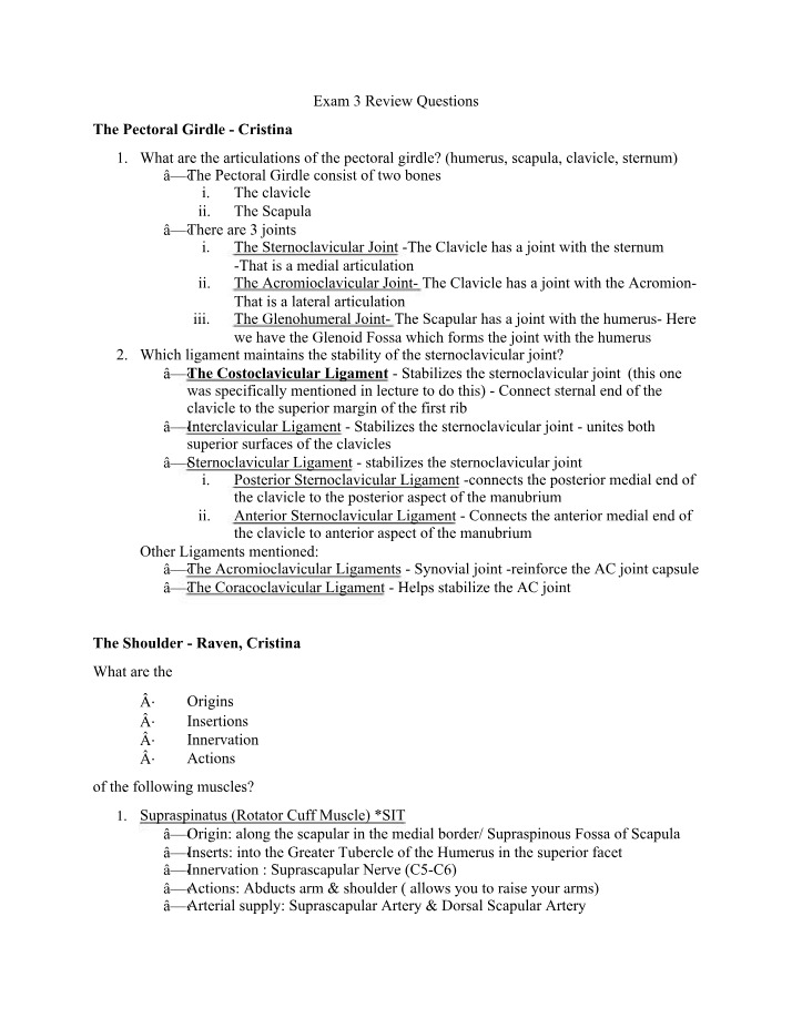 Exam 3 Review - The Pectoral Girdle and Rotator Cuff