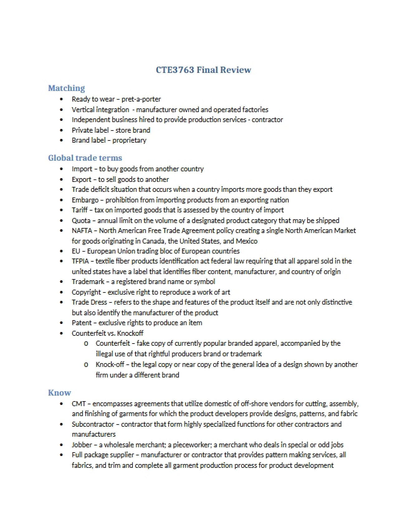 General Study Guide for Product Analysis