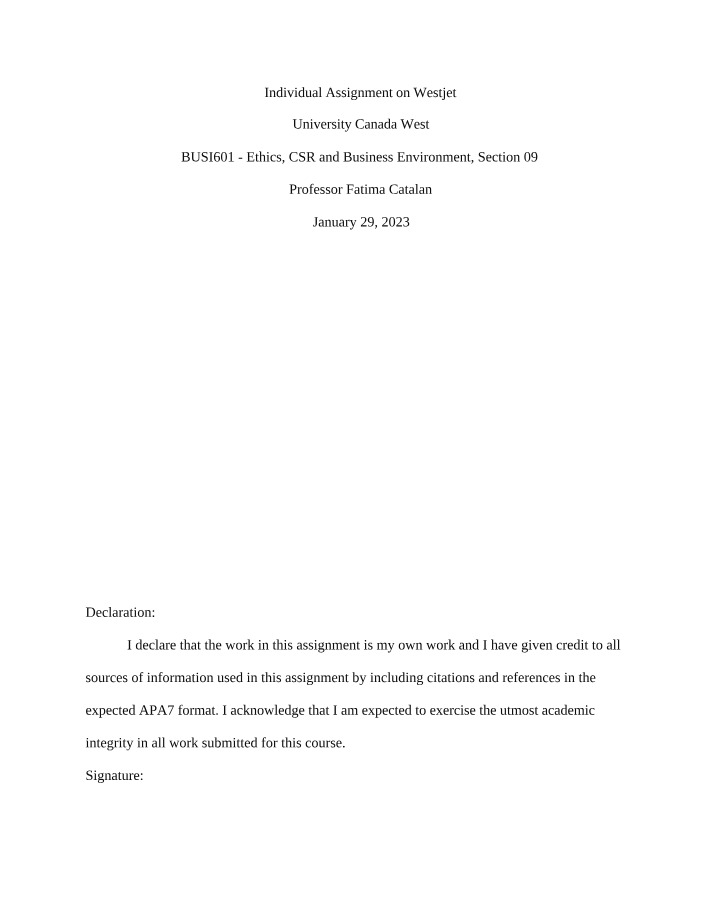 WestJet Individual Assignment