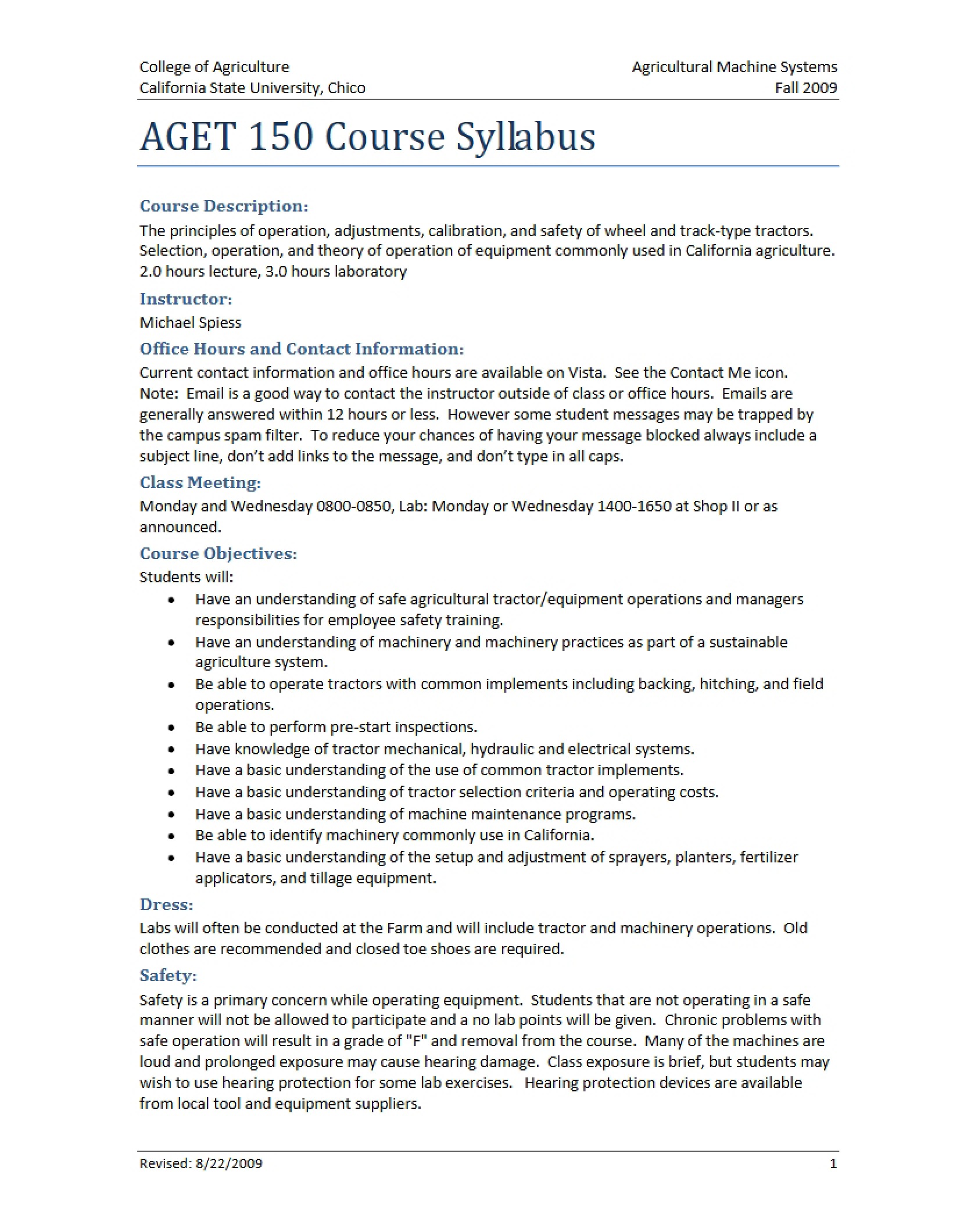 Agricultural Machine Systems Course Outline