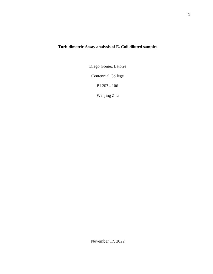 Turbidimetric Assay of E. Coli Diluted Samples