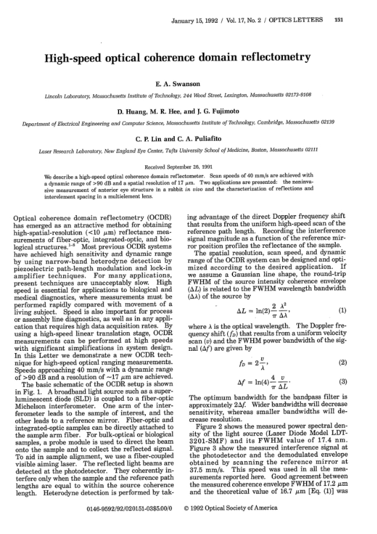 Reflectometry: High-Speed Optical Coherence Domain