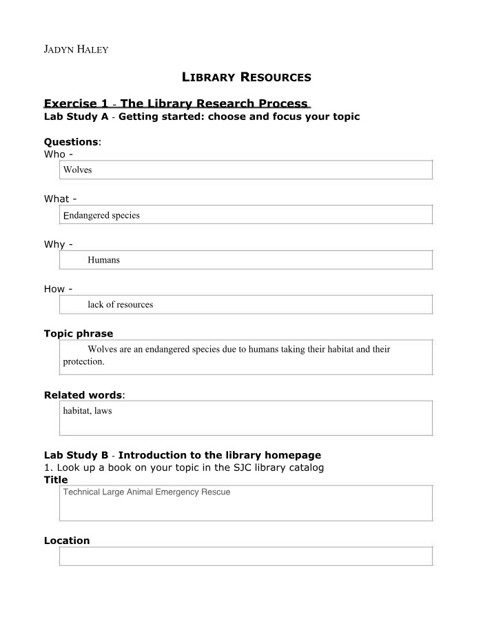 Wolves as Endangered Species - Library Research Process