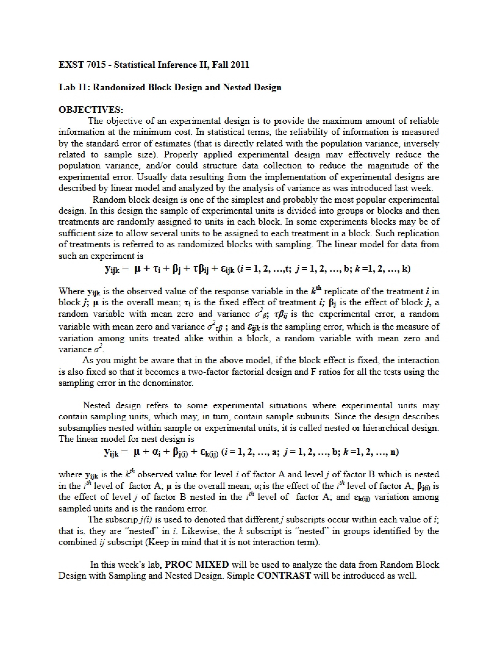 Nested and Randomized Block Designs