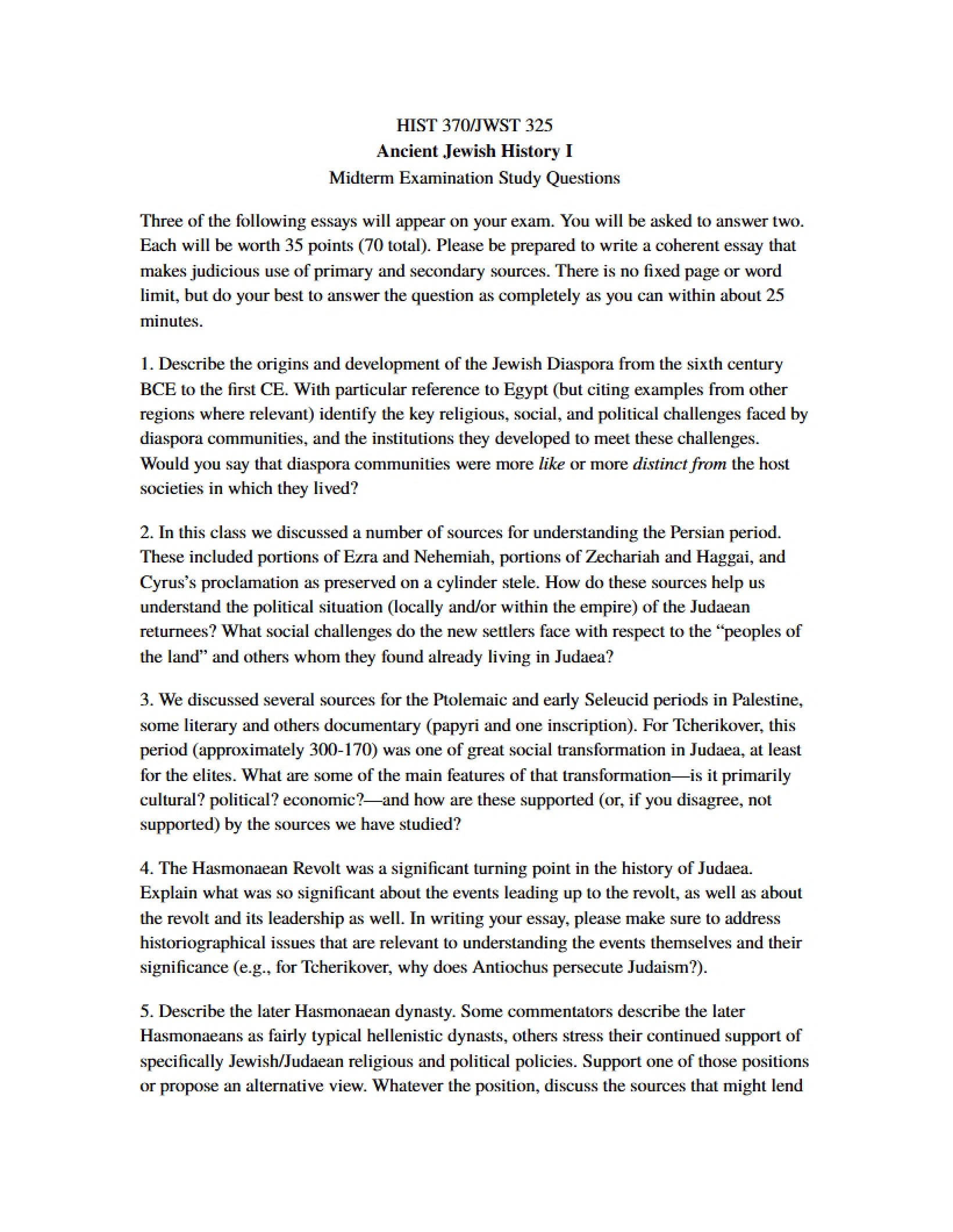 Questions for Midterm Exam Study