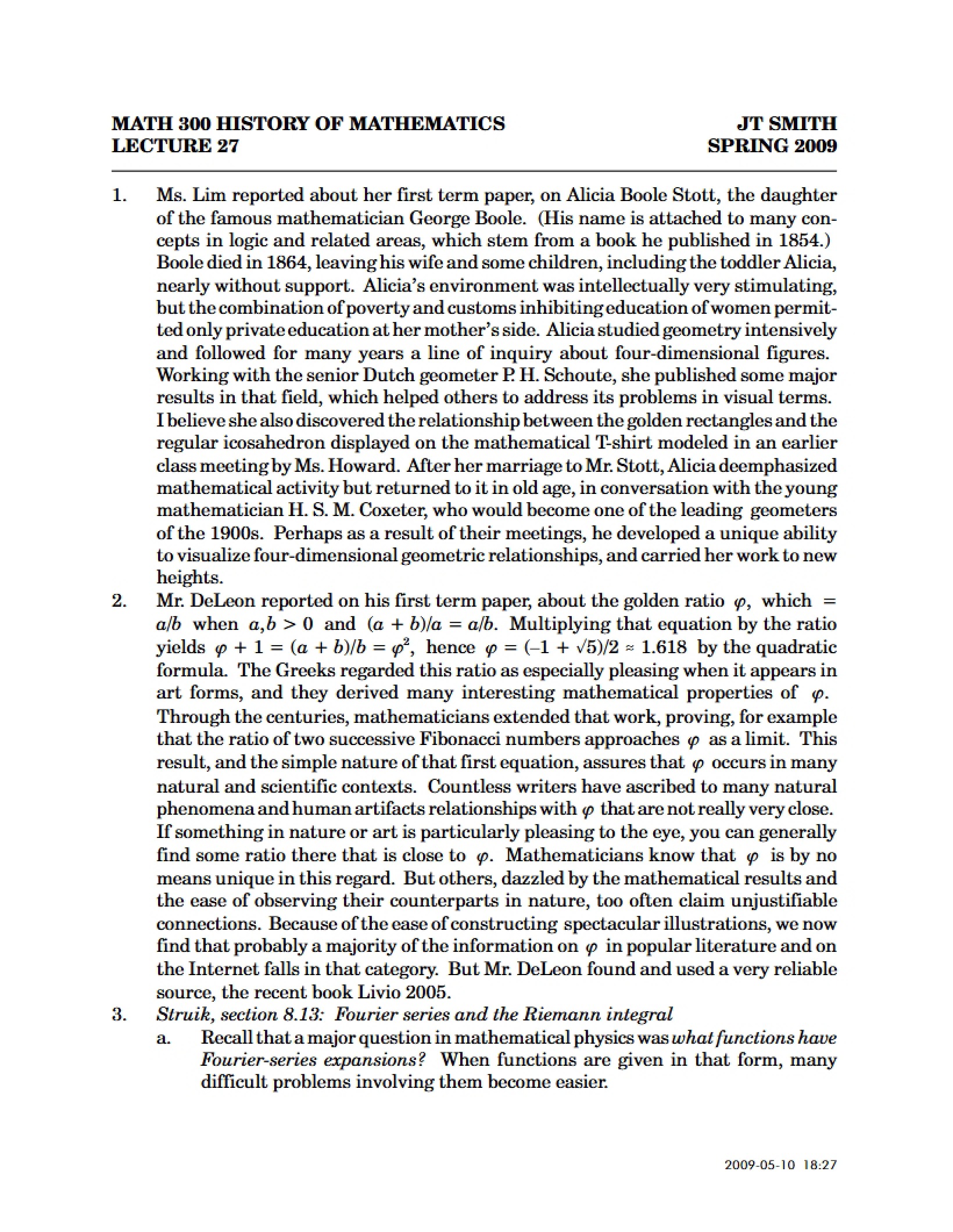 History of Mathematics Lecture 27