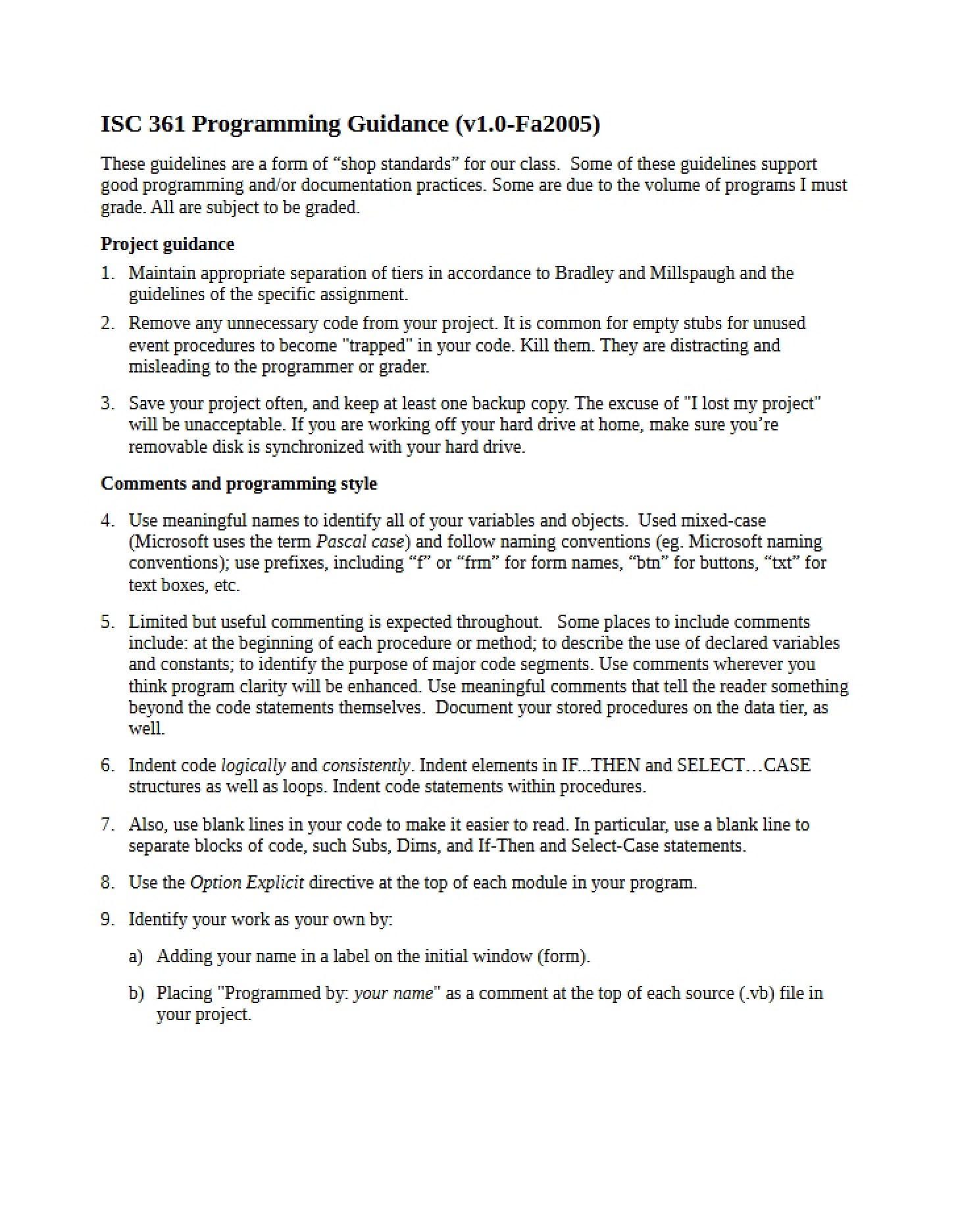 Guidance on Programming